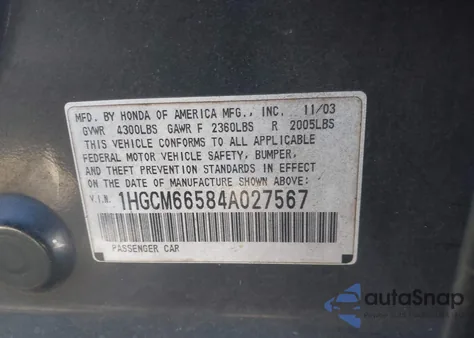 2004 Honda Accord 3.0 Ex из США, поврежденный, VIN 1HGCM66584A027567